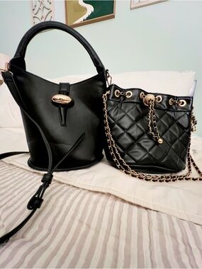 Black Quilted Chain Bucket Bag and Black Leather Tote Set